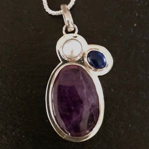 Sterling silver, amethyst, pearl and lapis pendant